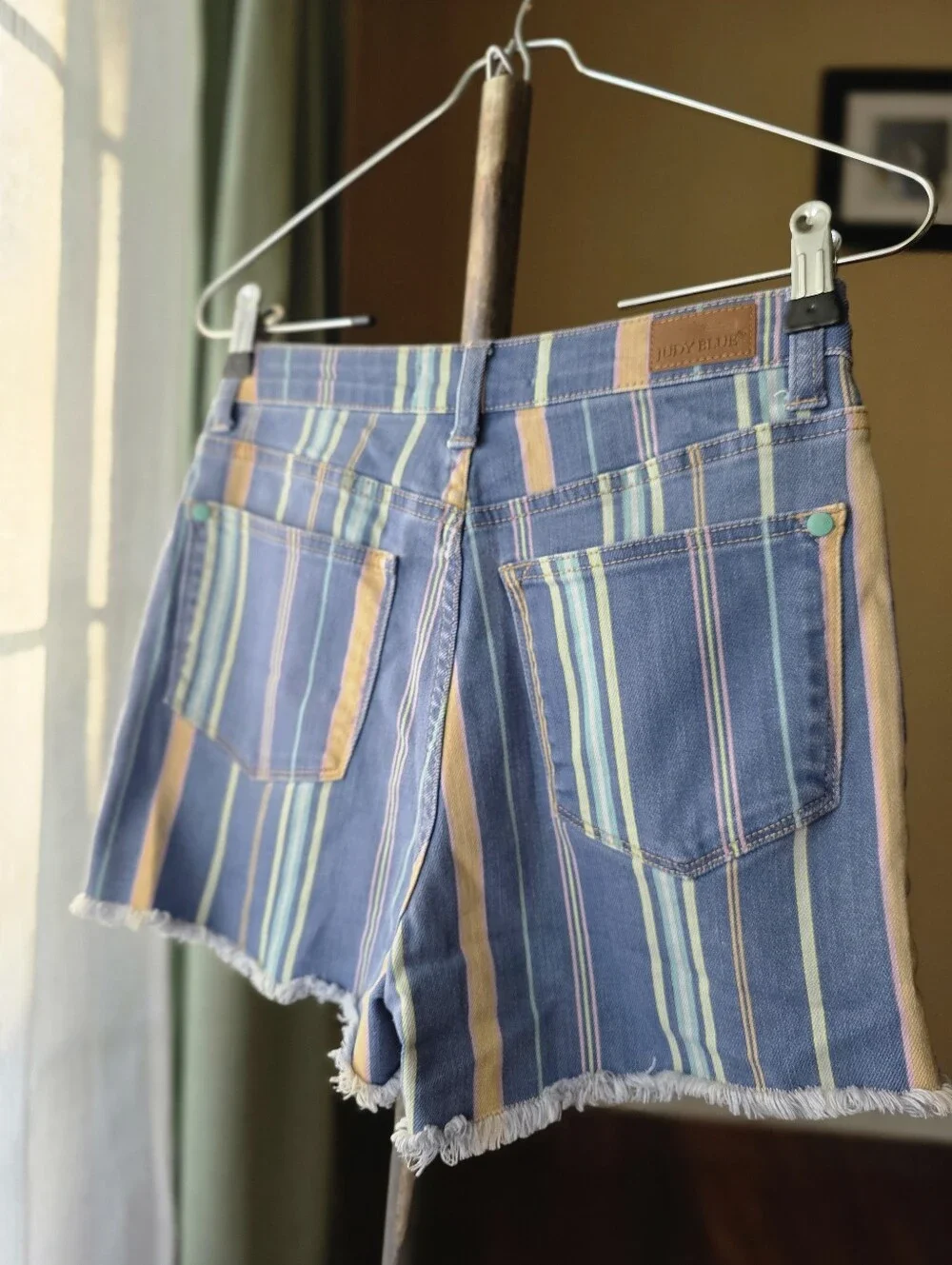 Judy Blue Striped High Waist Denim Shorts Raw Hem Stretch Cutoffs Small Boutique